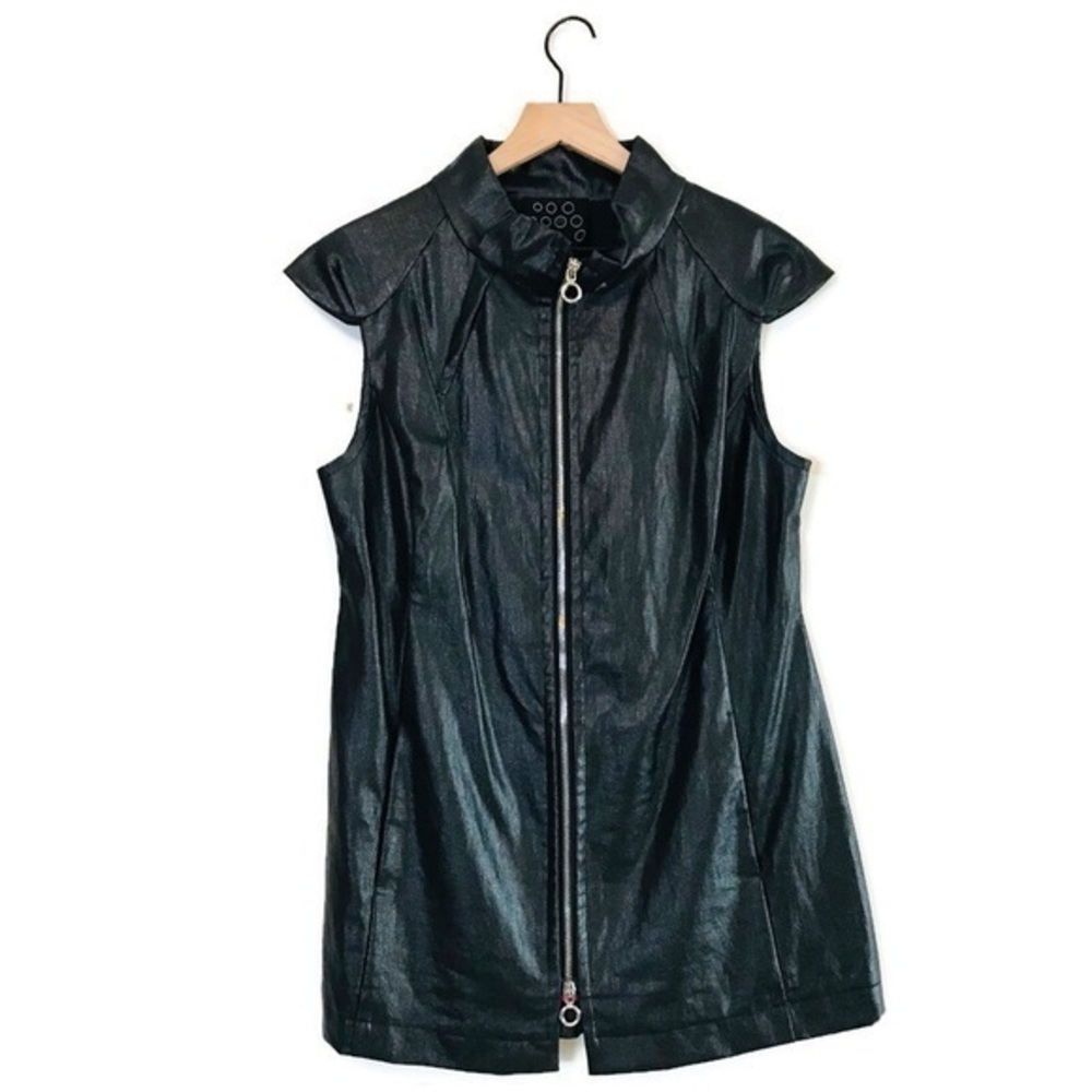 NY 77 Design black Linen PU Faux Leather Zip Up Mini Dress Tunic Women’s size